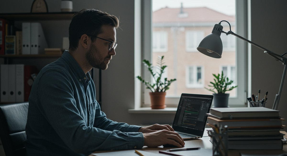Professional career transition visualization: Mid-career man working on tech project in modern home office with online learning materials