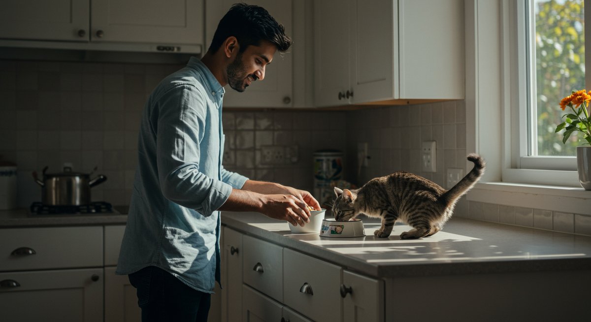 Experienced pet parent selects sensitive stomach cat food for their cat in a clean kitchen environment