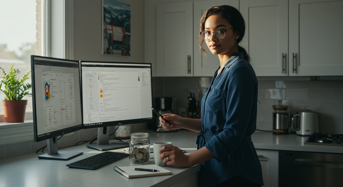 Experienced budgeter managing emergency fund with professional budgeting software in modern kitchen workspace