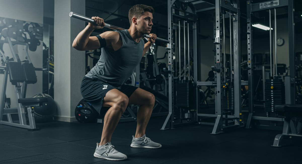Person using belt squat machine in commercial gym with dramatic lighting