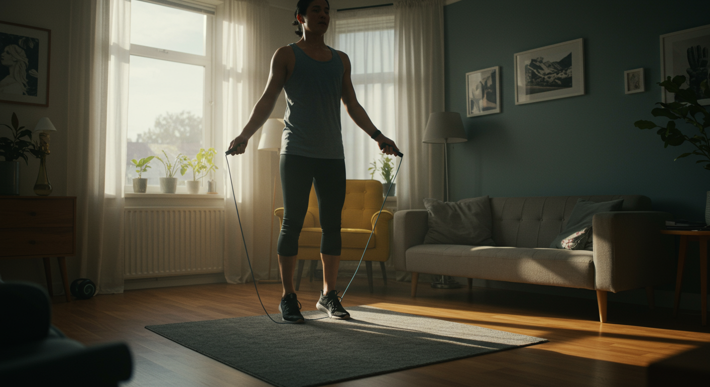 A person doing a high-intensity interval training (HIIT) cardio workout at home using a jump rope, promoting a 20-minute home cardio blast to boost metabolism.
