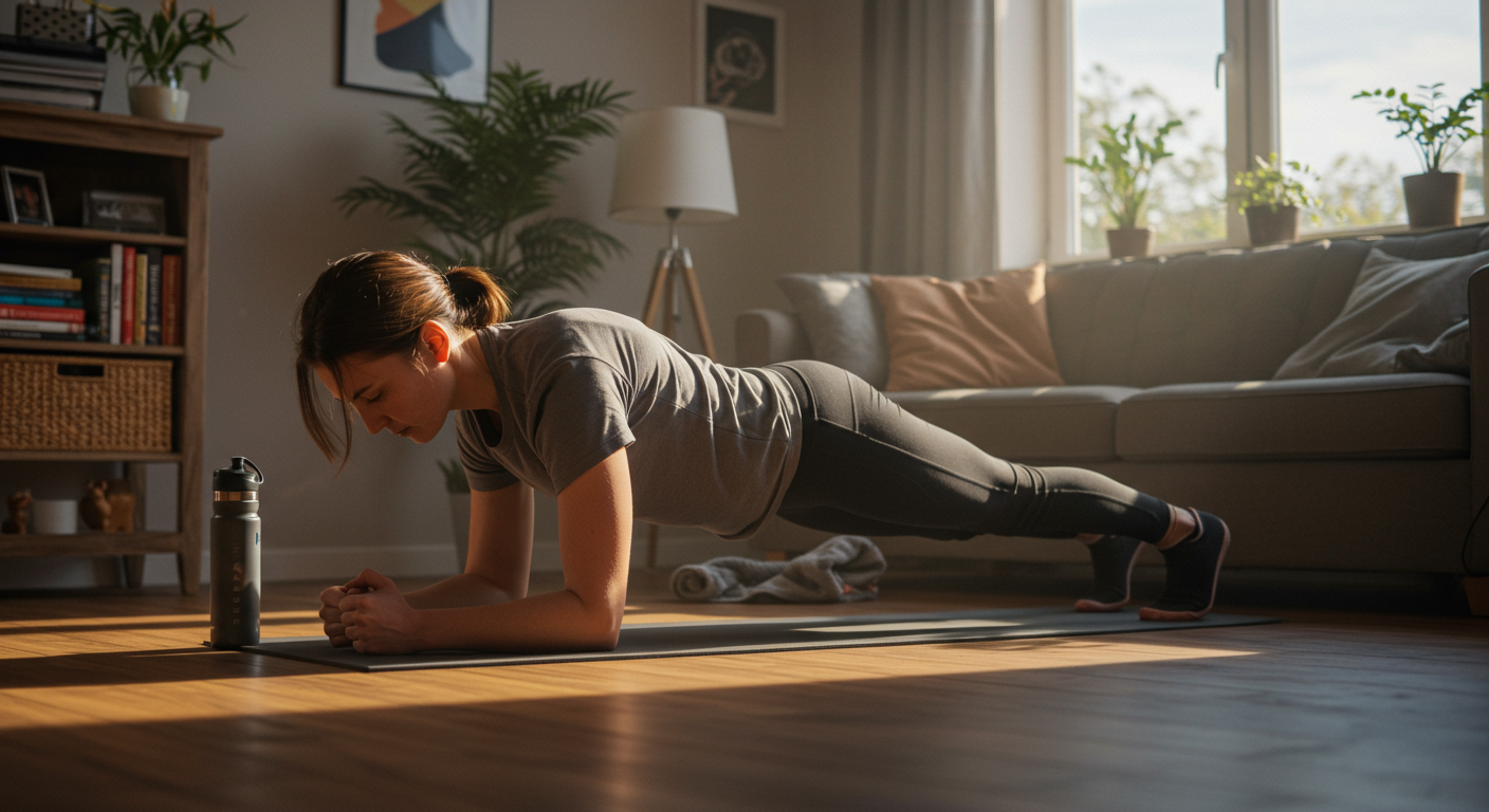 Desk worker doing a plank in a living room. Core exercises for back pain relief. Home workout.