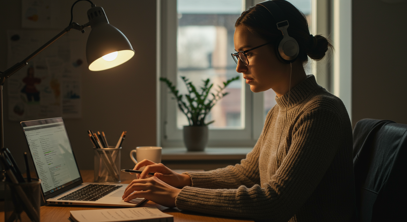 A person using a Pomodoro timer on a desk with a laptop and ergonomic keyboard, natural lighting, a modern home office with minimalist decor. Capturing a moment of focused work. The image aims to highlight the concept of strategic breaks.