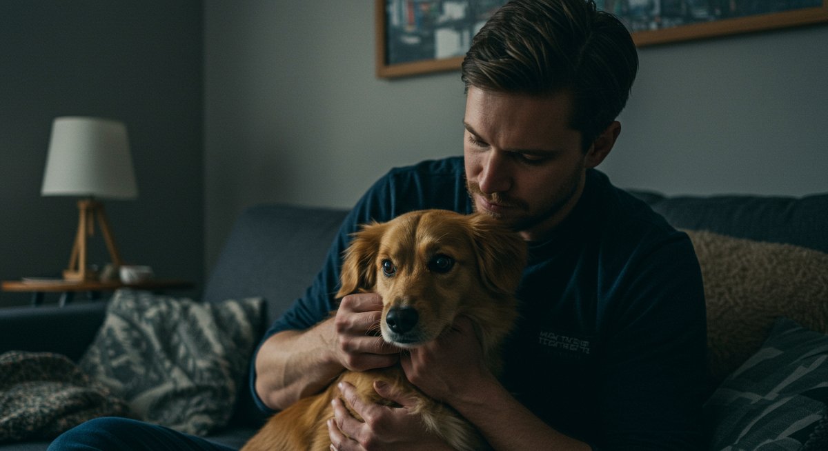 Experienced pet parent comforting anxious dog at home with calming environment.