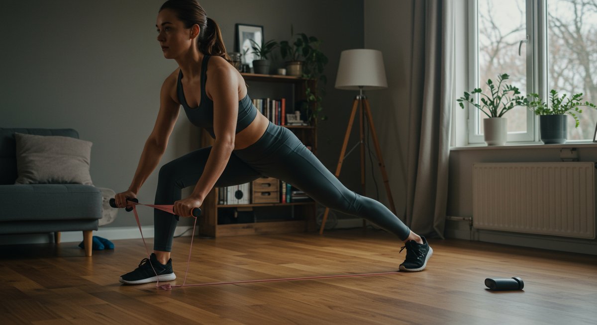 Intermediate fitness woman performing metabolism-boosting resistance band workout at home with natural lighting and vibrant colors