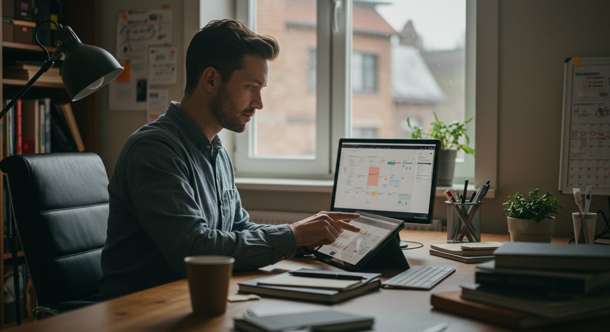 Intermediate productivity professional using time blocking technique in modern workspace