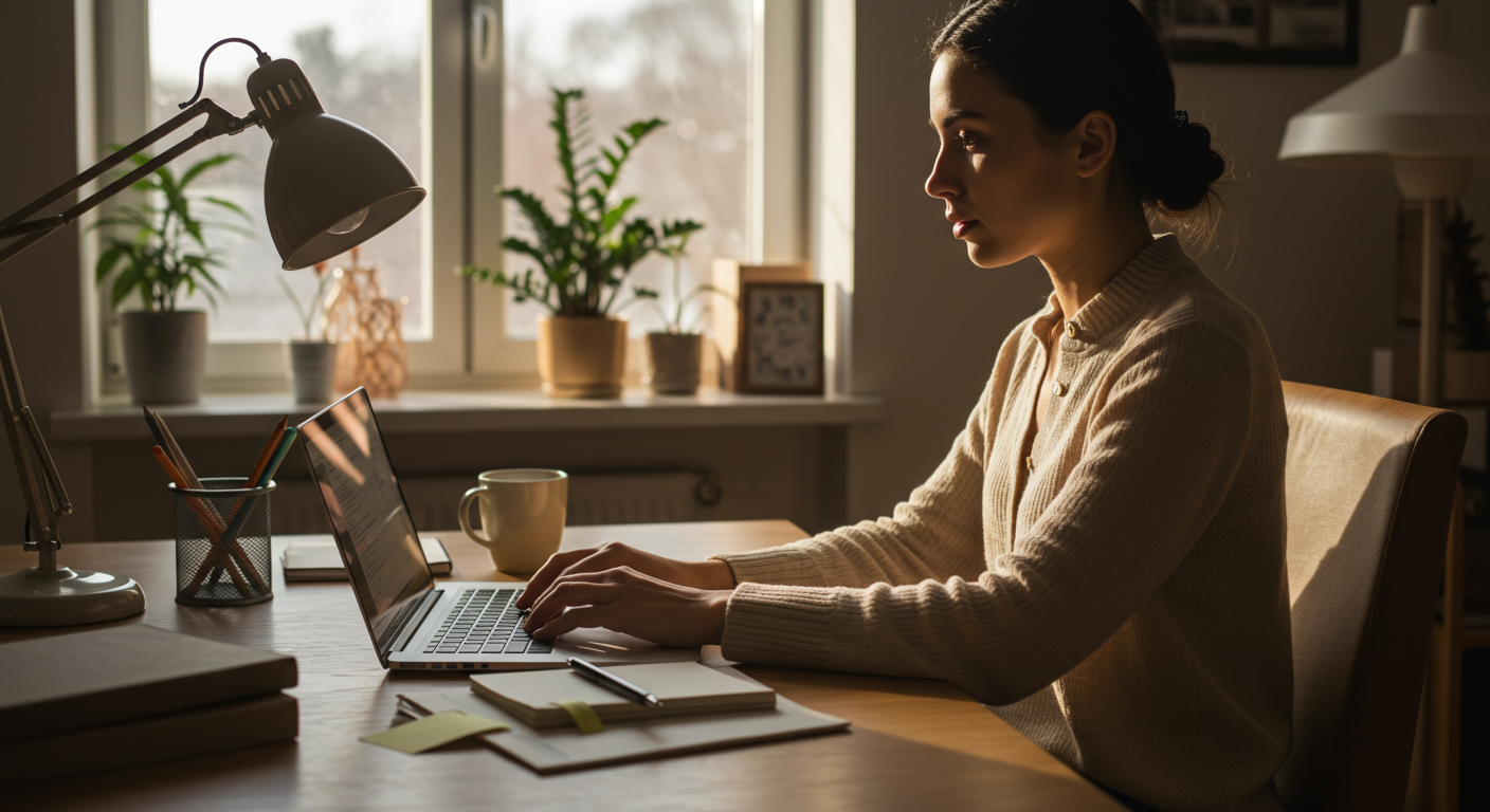 Experienced minimalist working on a laptop in a clean, organized home office. Digital minimalism and focus.