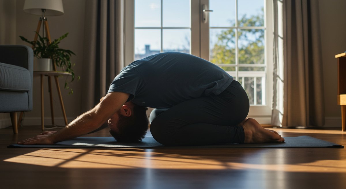 Gentle yoga pose for lower back relief using bolster in home setting