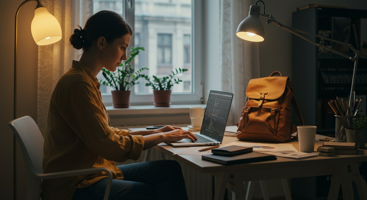 Determined digital nomad focusing on remote work while managing finances from a cozy apartment, showcasing practical financial planning for beginners in the nomad lifestyle.