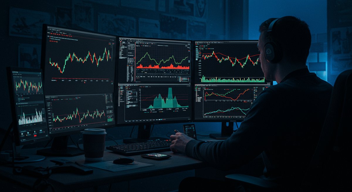 Bitcoin trading strategy visualization: trader analyzing global market data with triple screen setup, hardware wallet, and crypto charts