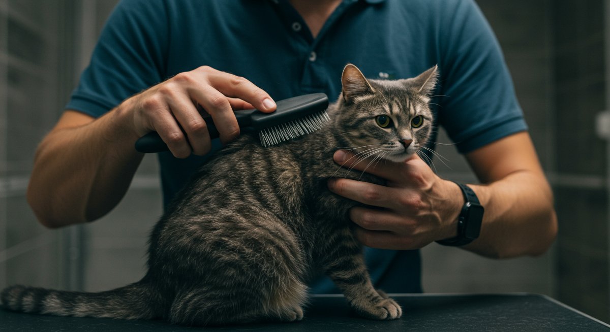 Professional cat grooming illustration showing a man brushing his cat's coat with a grooming brush in a clean bathroom environment