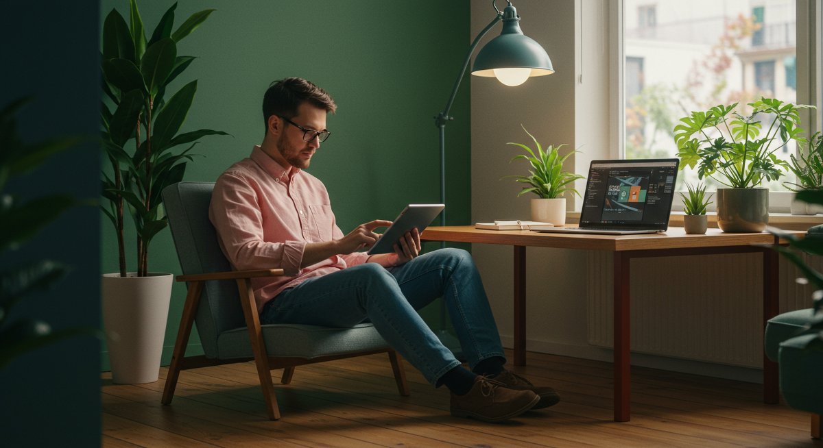 Digital nomad accessing healthcare resources in a modern co-working space
