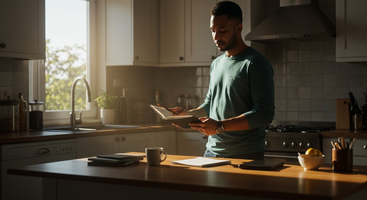 Confident man in modern kitchen organizing minimalist planner with coffee mug, natural morning lighting