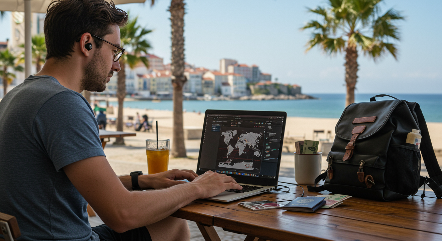 A digital nomad working on a laptop at a beachside cafe in Lisbon, Portugal, surrounded by palm trees, emphasizing visa-free travel and remote work.