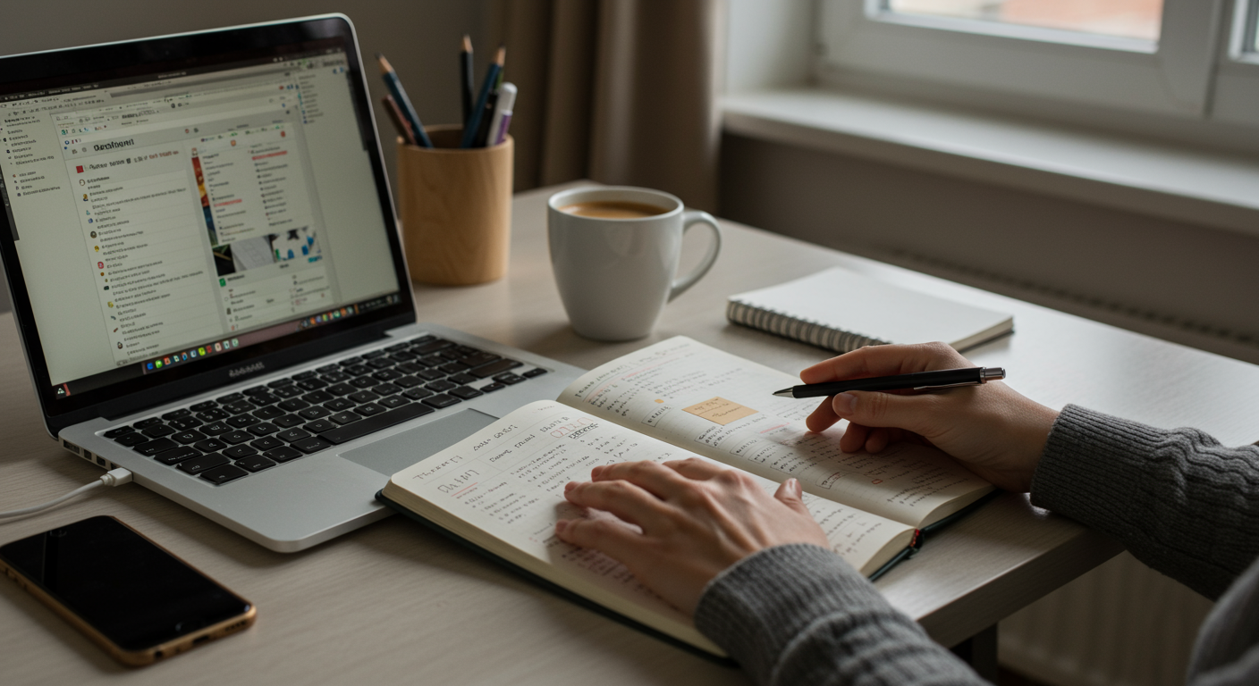 Person at desk with laptop and coffee, reviewing a bullet journal for proactive task planning. The scene is set in a modern home office with natural light and minimalist decor, embodying effective planning strategies.
