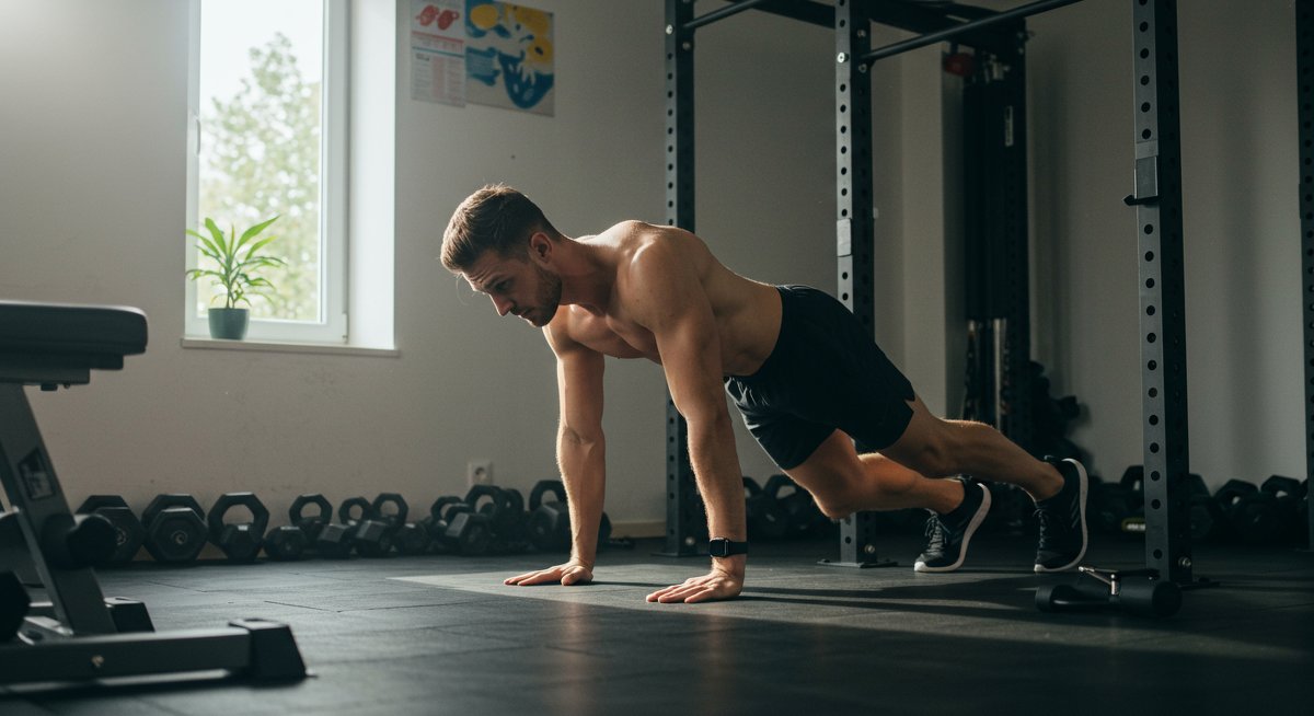 Intermediate male doing core workout at home with fitness tracker and water bottle