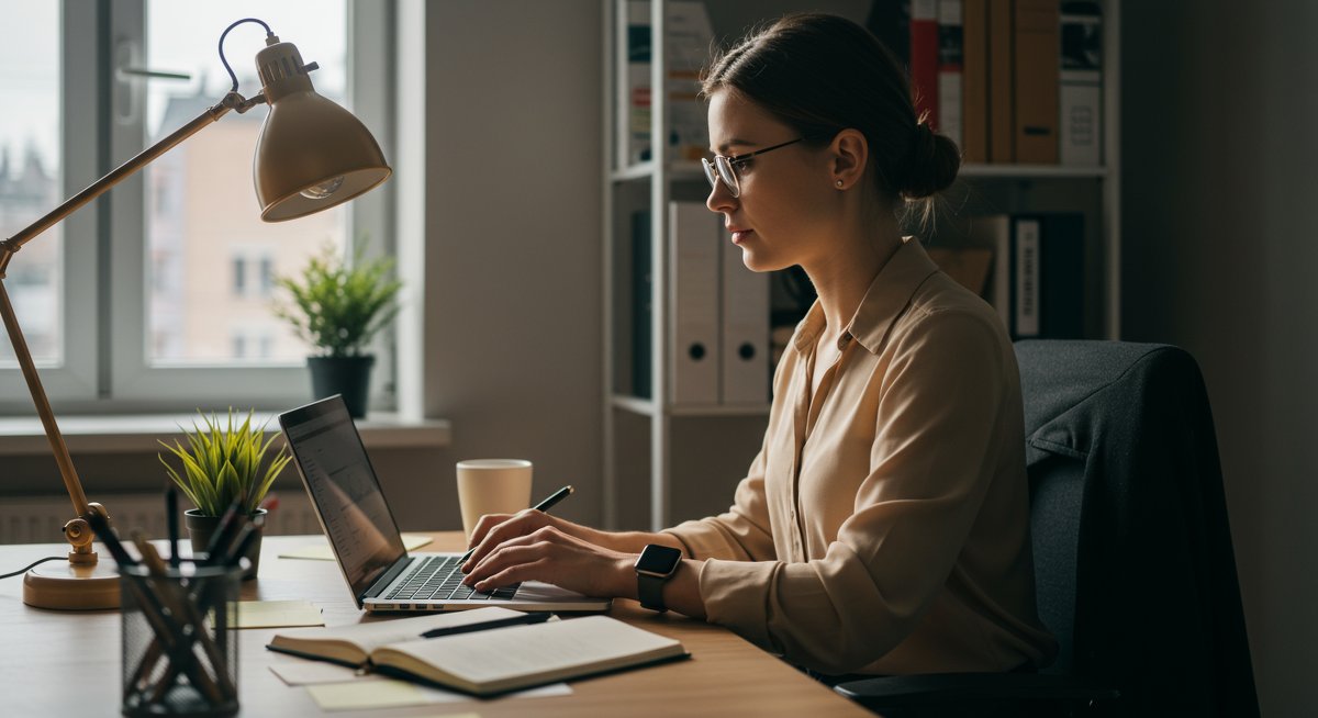 Adult learner overcoming information overload with focused study strategies in a professional workspace