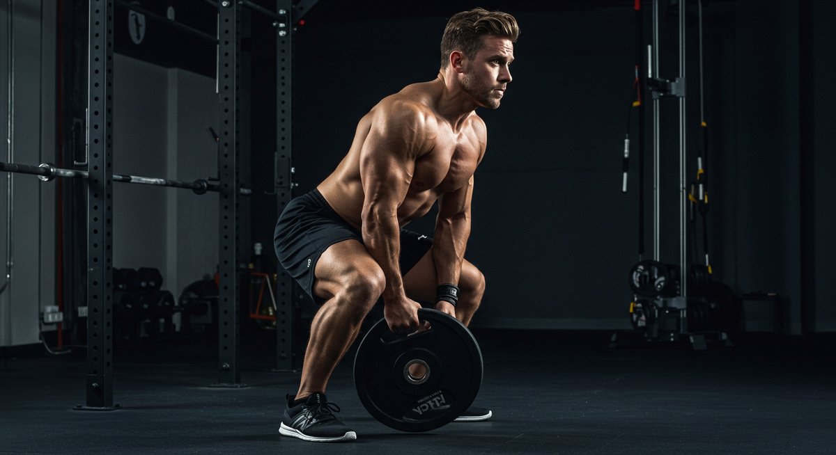Athlete modifying workout routine in gym with focused intensity