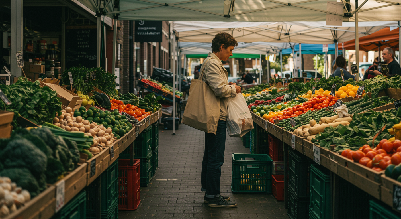 A person shopping at a farmers market with reusable bags, showcasing fresh produce as a part of eco-friendly product choices.