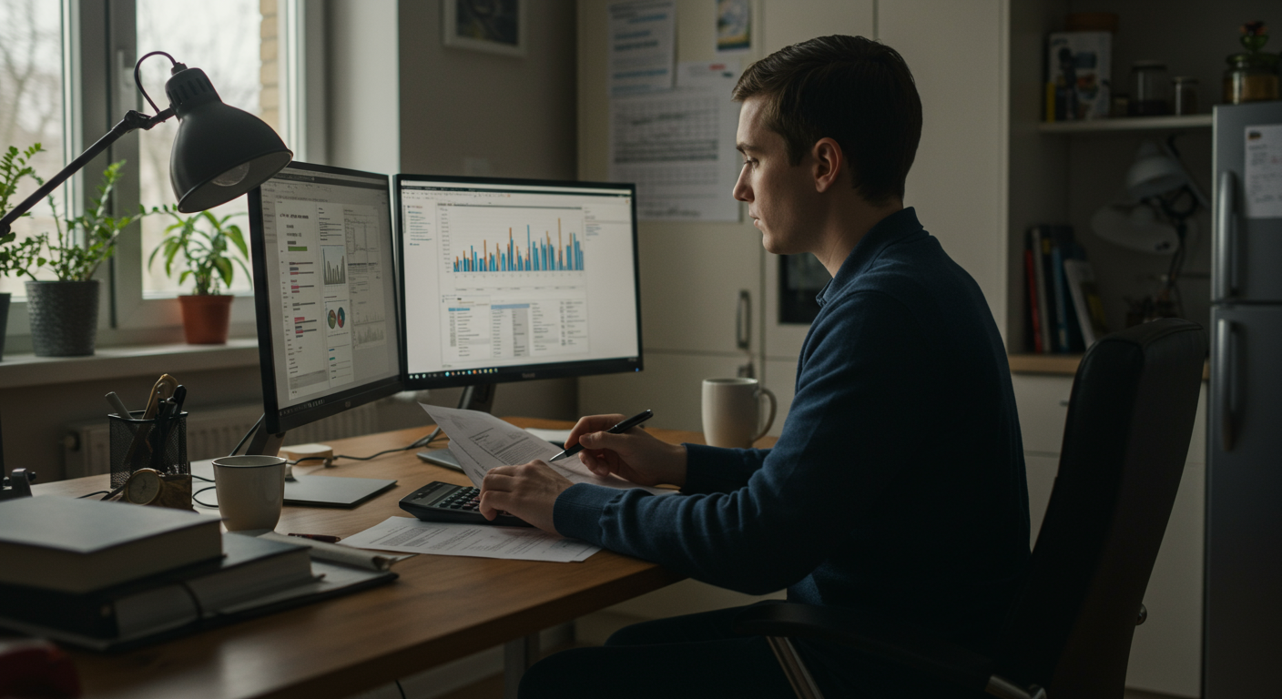 Experienced budgeter reviewing retirement investments on dual monitors in a home office, with financial documents and a calculator. The image highlights strategic planning and financial goal setting for retirement.