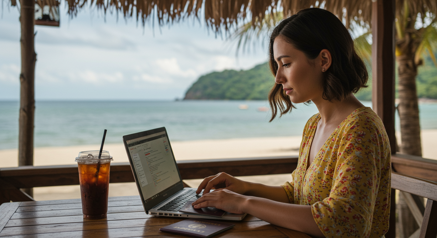 A woman researching digital nomad visa requirements at a tropical beach cafe, laptop and travel documents in front of her, palm trees in the background, emphasizing the freedom and flexibility of remote work.