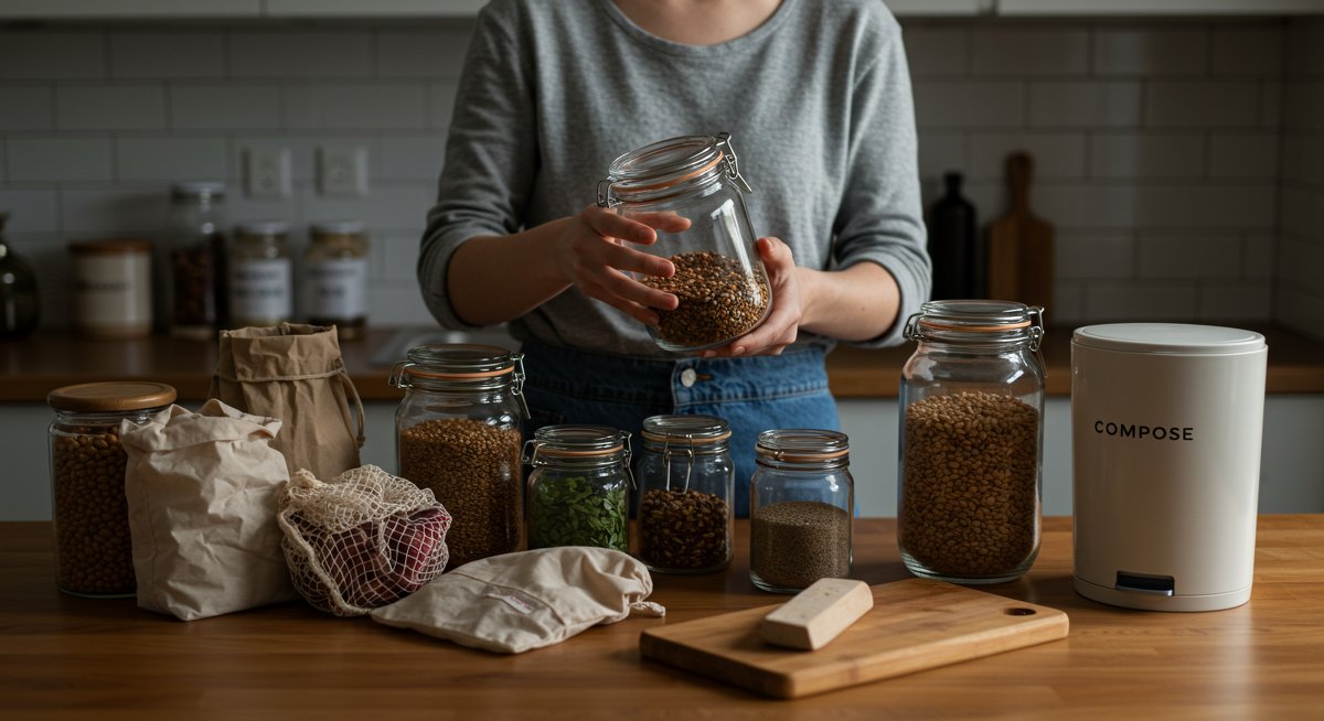 Zero-waste kitchen with bulk spices, reusable containers, and compost bin showing sustainable kitchen practices