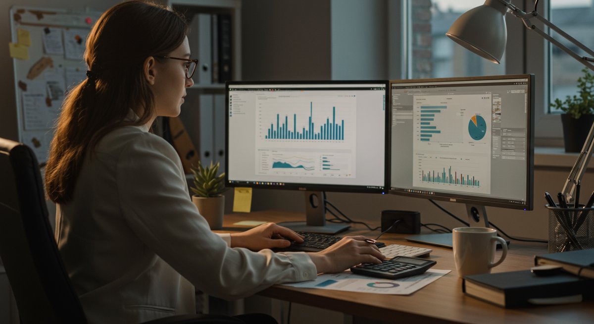 Professional financial planning illustration showing confident woman managing budget with technology and organized documents