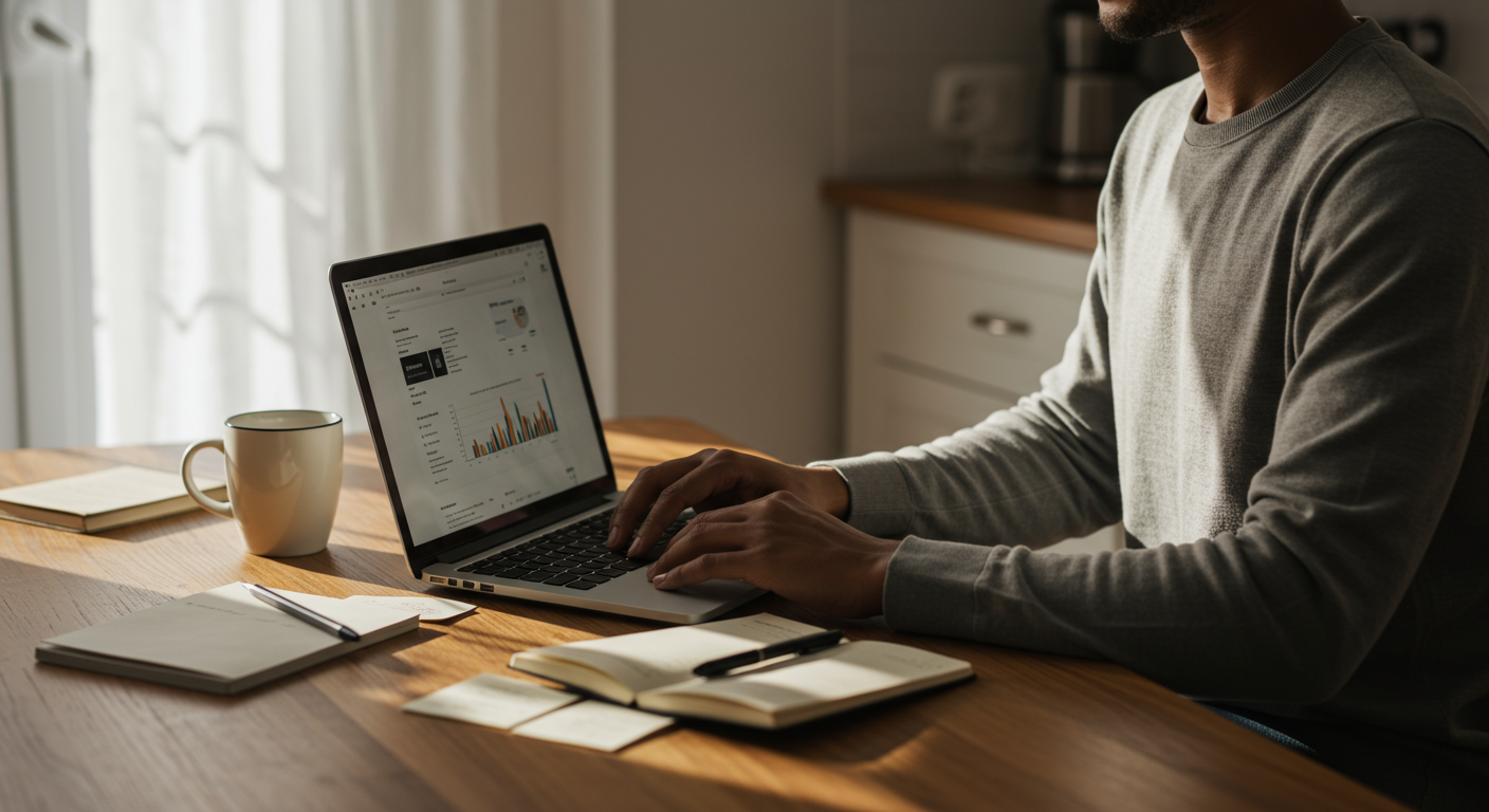 Minimalist finances planning. Person reviewing budget on laptop in a clean kitchen.