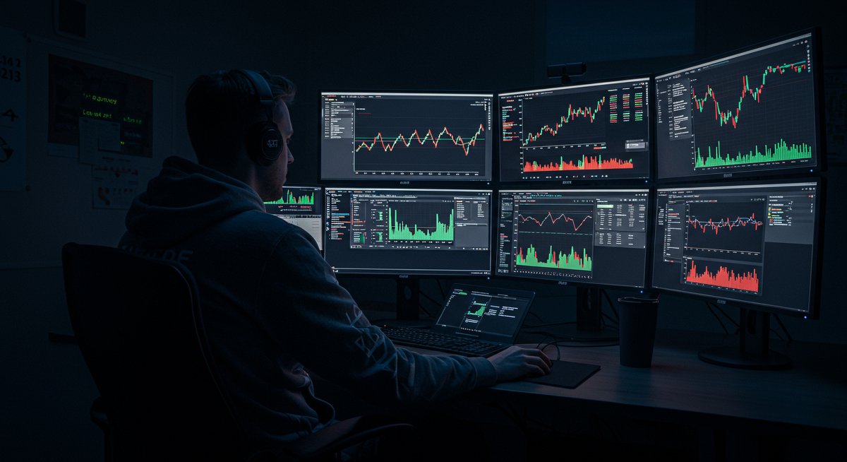 Crypto trader analyzing Bitcoin-backed loan strategies with neon-lit workspace and financial data screens