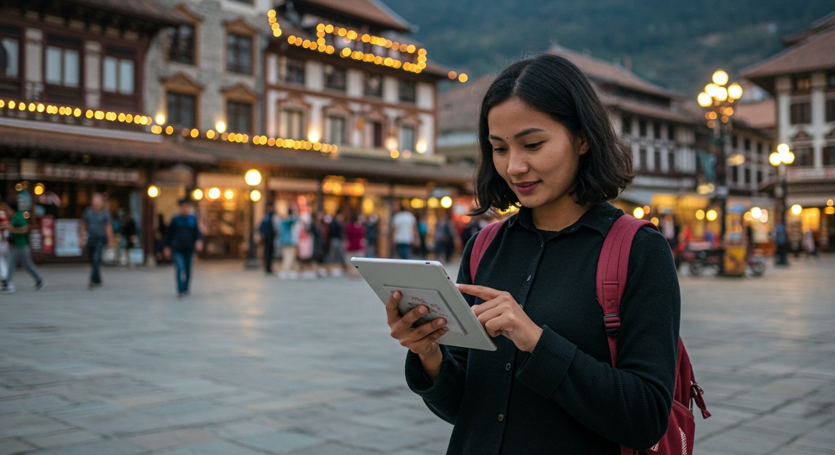 Solo traveler using safety app in historic city square for safe adventures