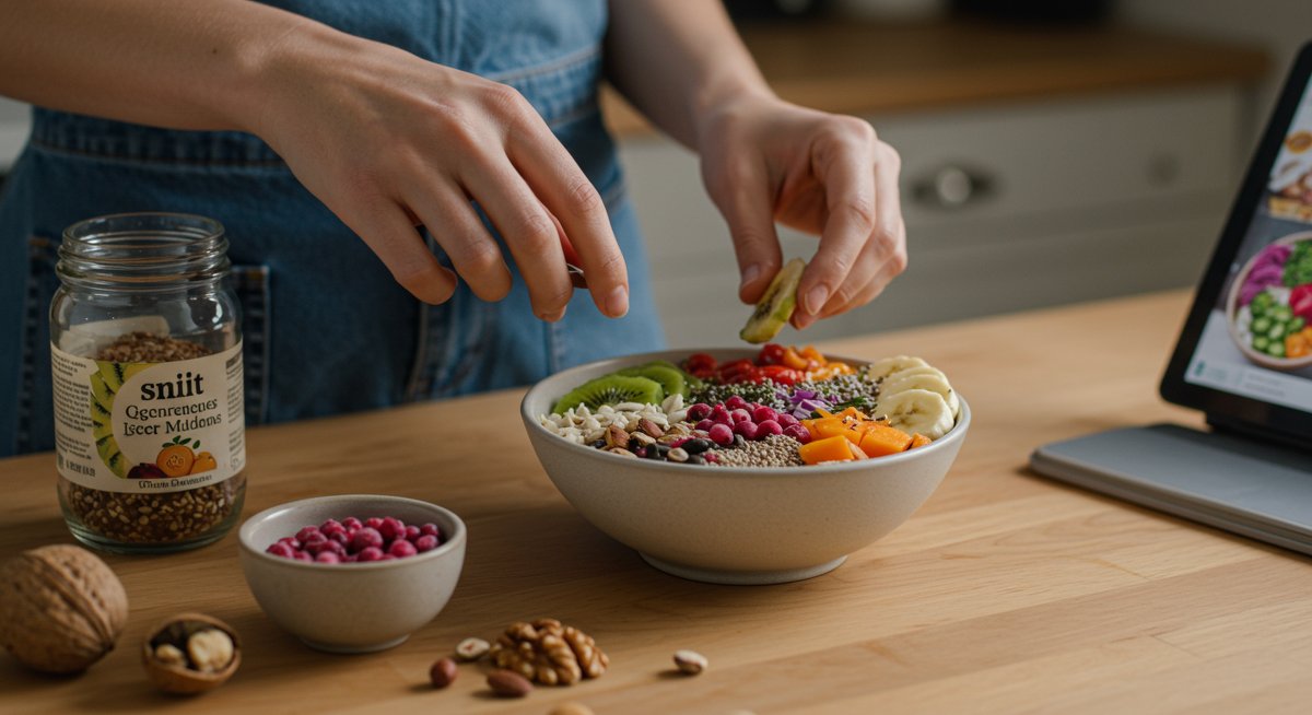 Healthy snack bowl with fruits, nuts, and seeds for busy people. Easy snack recipes for weight loss and energy.