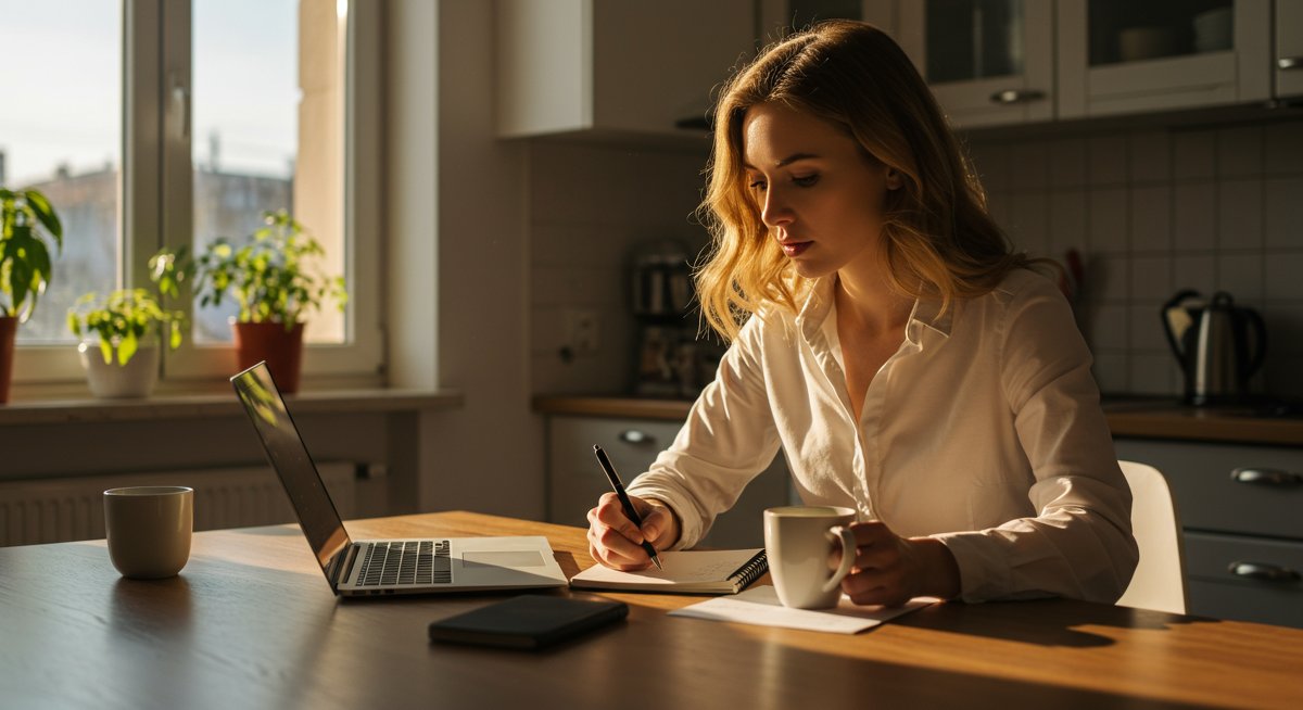 Minimalist budget planning illustration showing woman using laptop and notebook in clean kitchen space with natural lighting