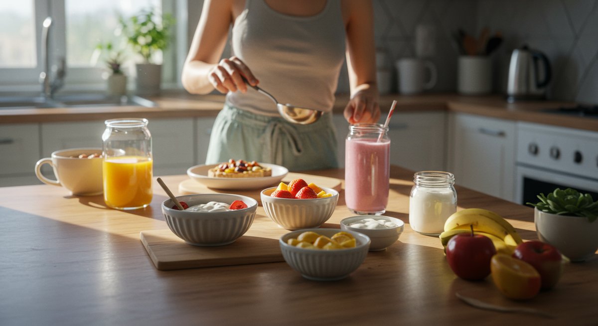 Quick breakfast setup with fresh fruit, yogurt, and smoothie in modern kitchen
