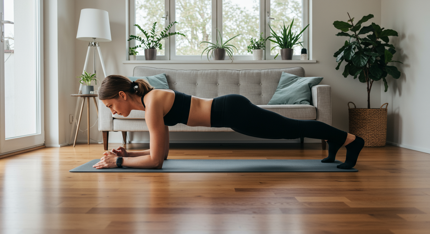 Advanced core workout at home: A person demonstrating a challenging plank variation in their living room, emphasizing core strength and determination.