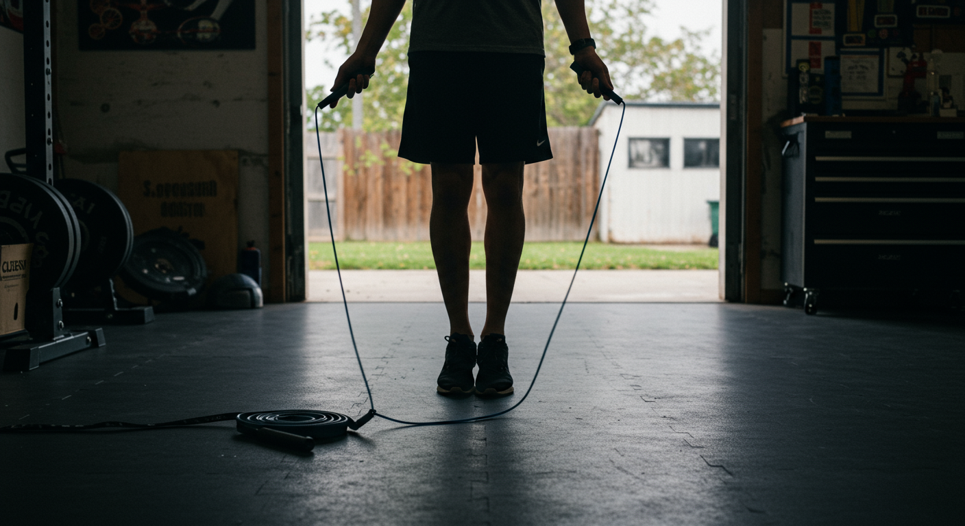 A student enthusiastically jump roping in a home garage gym, demonstrating a dynamic and effective cardio workout for fitness.