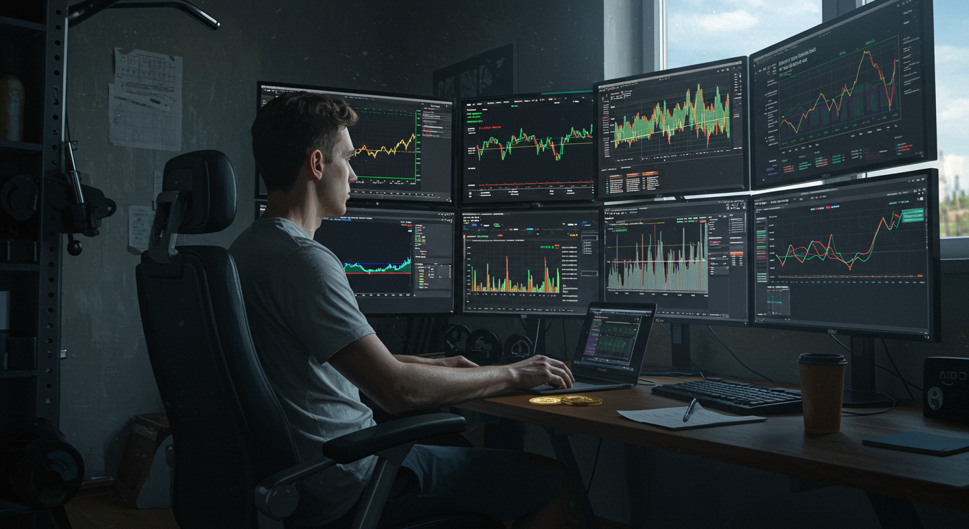 Crypto trader analyzing charts in a home gym setup