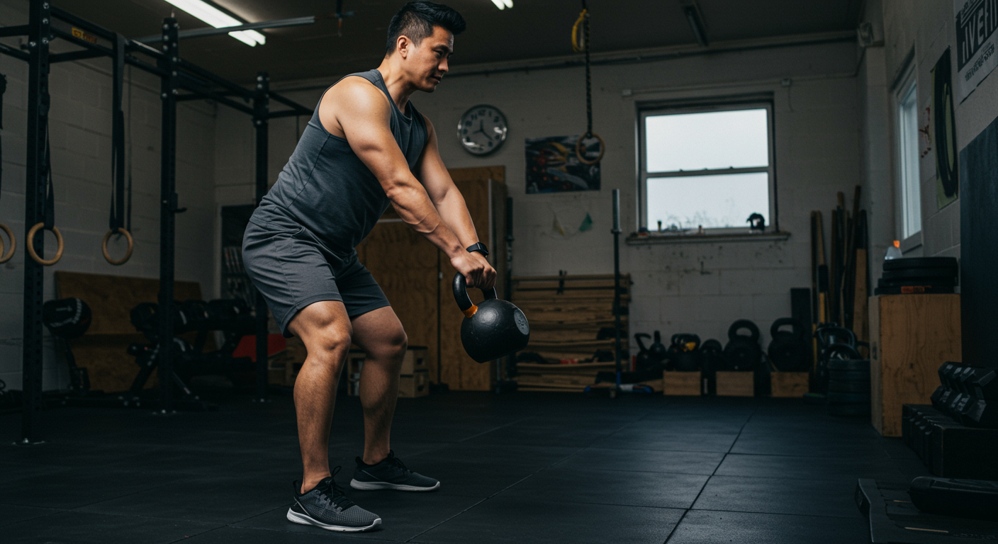 A person performing a kettlebell swing in a garage gym, showcasing proper form and effort. The image captures the essence of a home kettlebell workout.