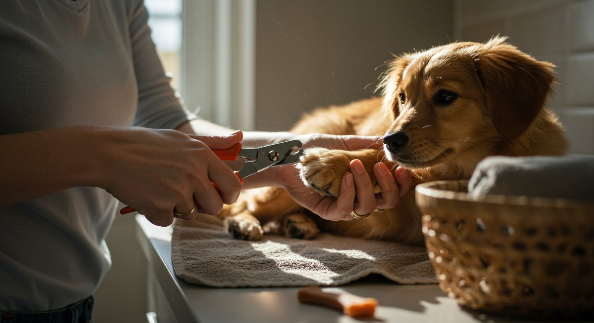 New pet owner safely trimming their puppy's nails at home with tools, a calm and positive pet care moment.