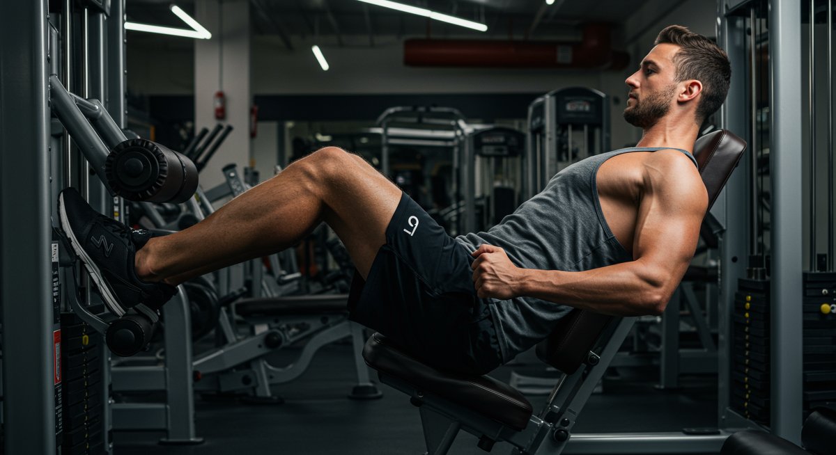 Person using leg extension machine in commercial gym with natural lighting