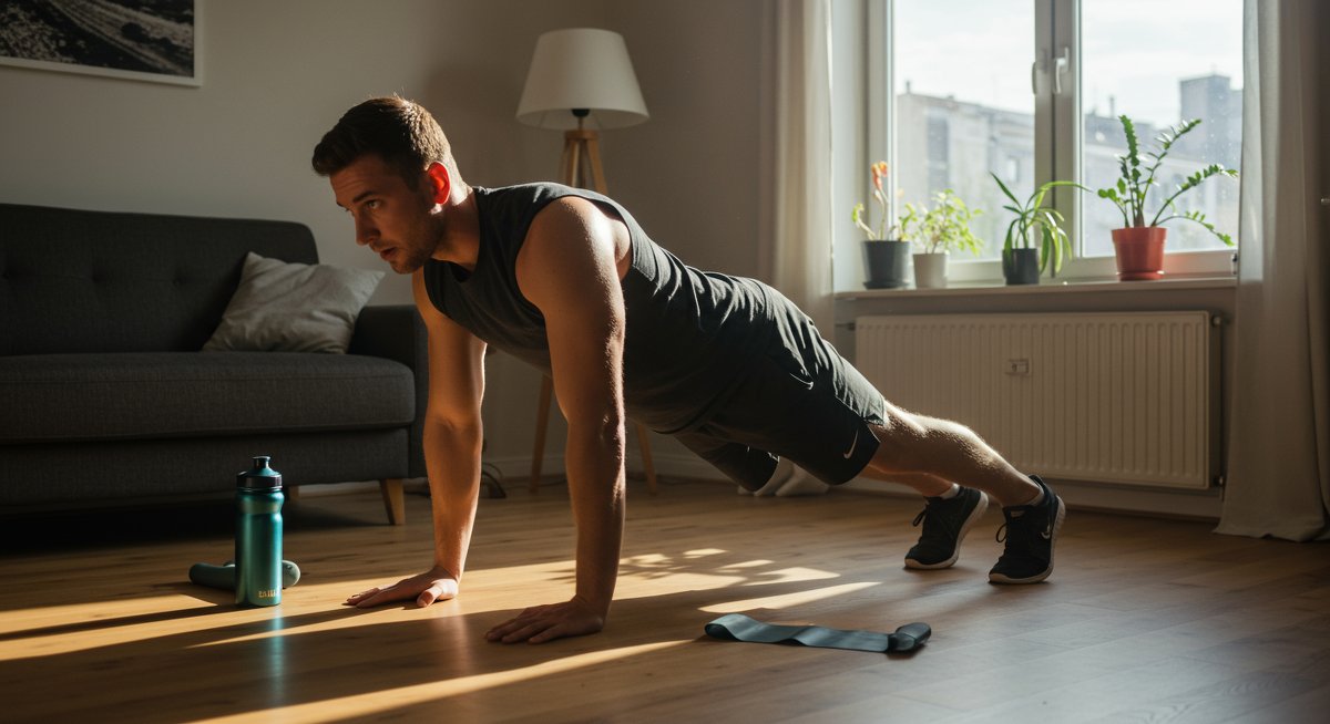 Intermediate fitness man doing burpees for fat loss workout in modern home studio with resistance bands and water bottle