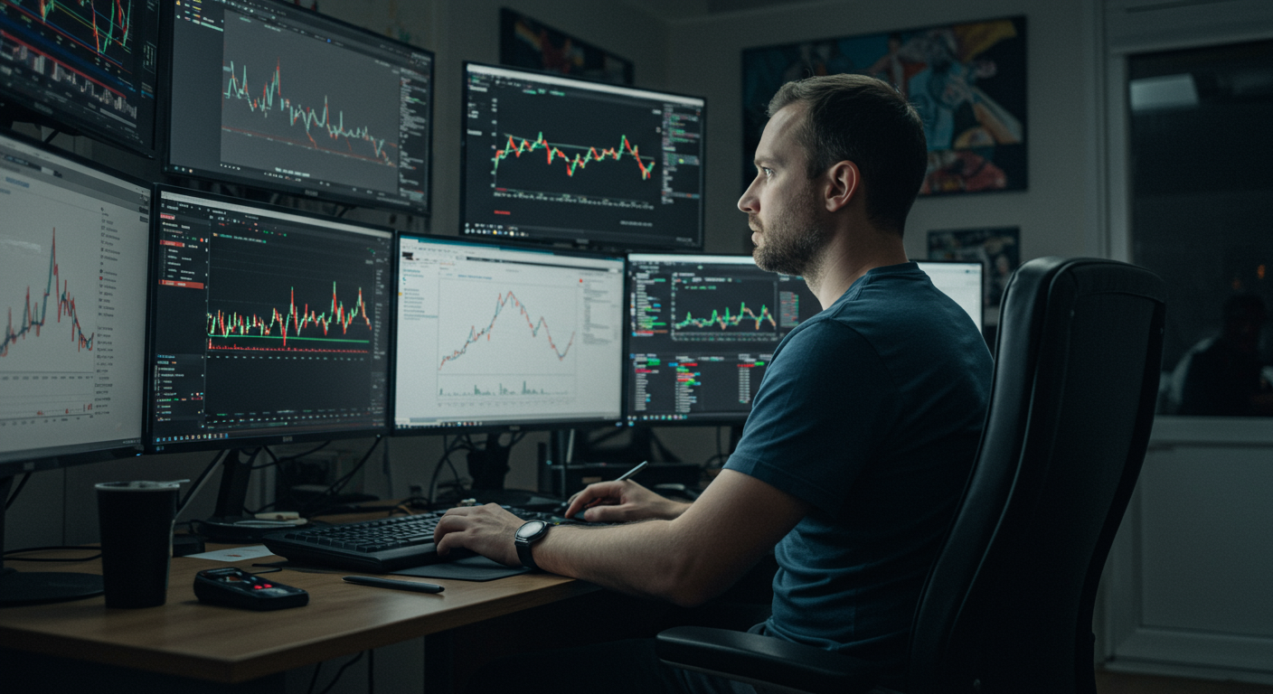 Trader analyzing crypto charts in a home gym with natural lighting
