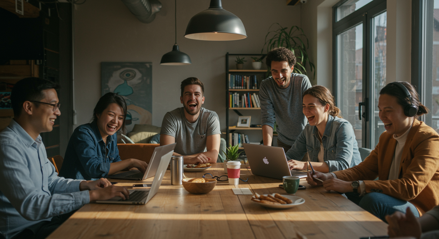 A diverse group of digital nomads collaborate and connect in a co-living space, fostering community and work-life balance.