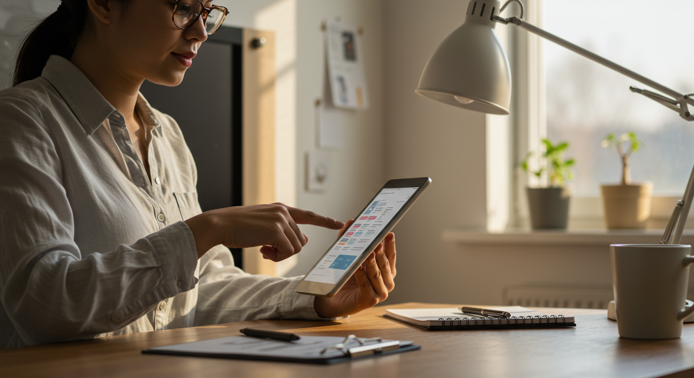Professional using the Eisenhower Matrix on a tablet, managing tasks and feeling accomplished in a well-lit home office.