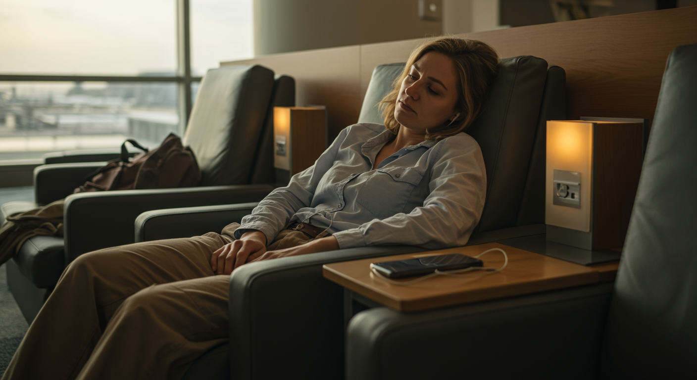 Exhausted but relieved traveler resting in airport lounge after a long flight, ready to file travel insurance claim.