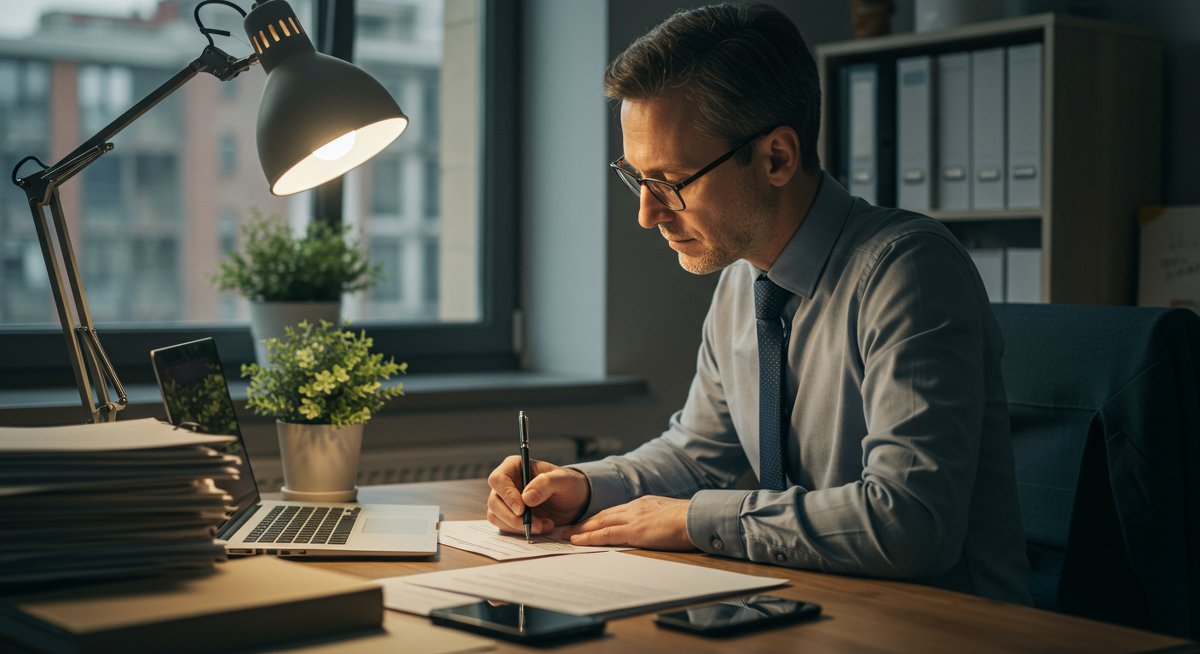 Professional cover letter writing scene with laptop, paper, and plant in modern office