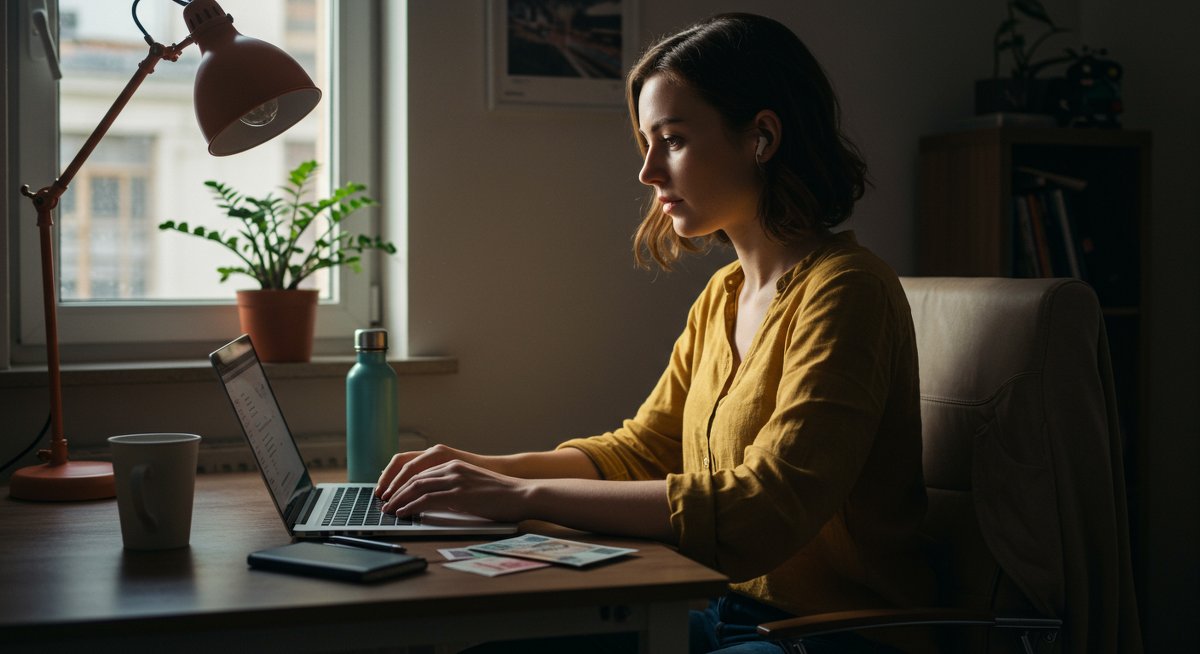 Digital nomad woman managing finances from her cozy apartment, highlighting cost of living strategies and budgeting tips for beginners in 2025