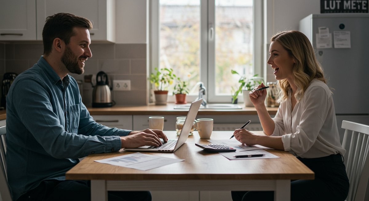 Debt payoff celebration with family-style budgeting setup showing realistic financial planning
