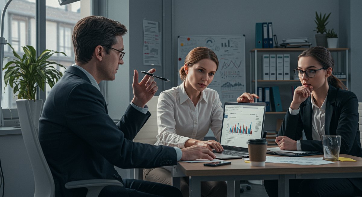 Mid-career professionals engaged in constructive workplace conflict resolution with modern office environment