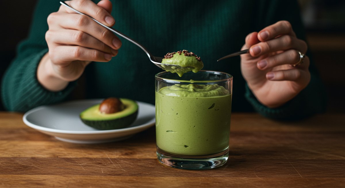 Delicious vegan chocolate avocado mousse served in a glass dish with woman enjoying dessert