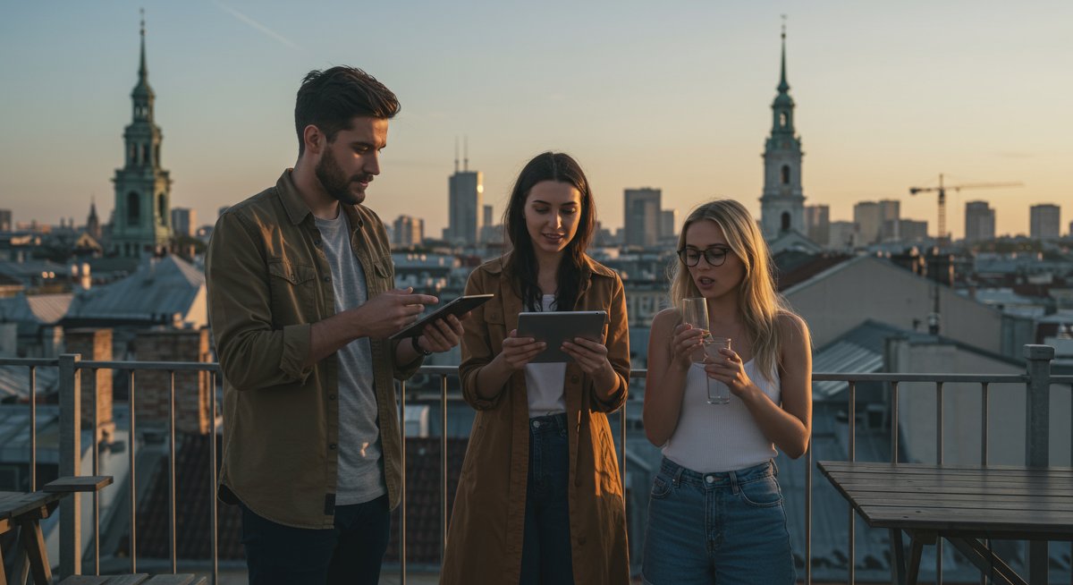 Experienced travelers planning international activities on rooftop with city views